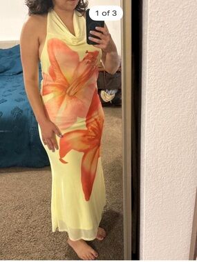 Yellow Halter Maxi Dress with Orange Floral Print